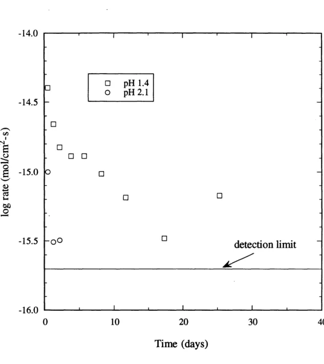 Figure 45 Dissolution rate  data from the differential packed bed reactor (Knauss and Wolery, 1988).