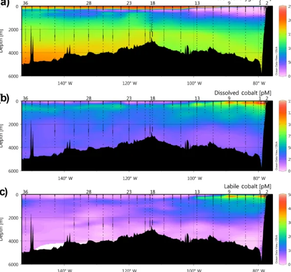 Figure 4. Dissolved oxygen (a), dissolved cobalt (b), and labile dissolved cobalt (c) sections along GP16, projected on a longitudinal axis.