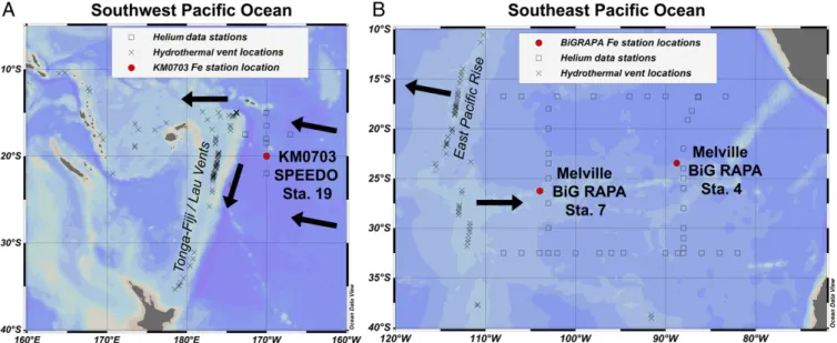 Fig. 1. Map of study locations. (A) The southwest Pacific, where KM0703 SPEEDO Station 19 (20°S, 170°W) is indicated in red and the hydrothermally active Tonga – Kermadec Arc is indicated as a topographic high along 175°W