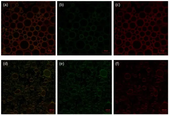 Figure 4. Confocal laser scanning  microscopy images. (a-c) Heptane-in-water emulsions