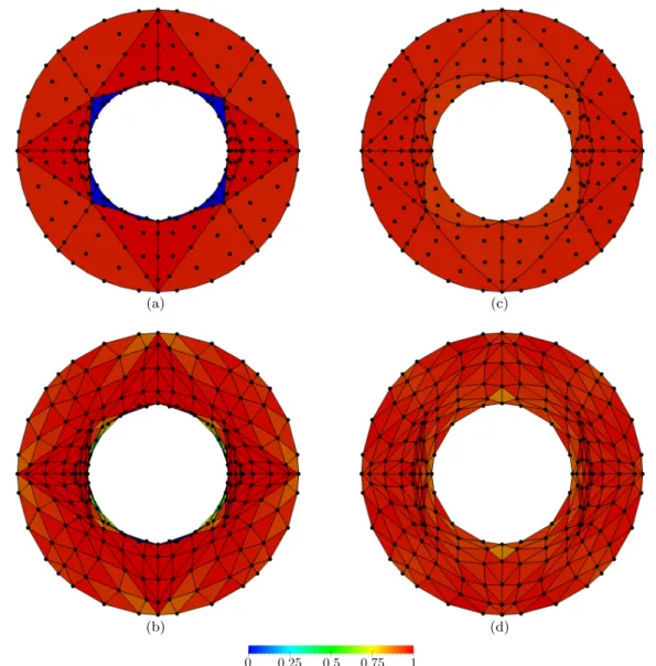 Fig. 4 Procedure to find an initial mesh configuration. High-order meshes: (a) initial invalid configuration, (b) mesh configu- configu-ration obtained with the smoothing of the linear sub-mesh