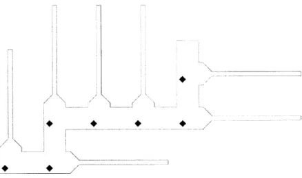 Figure  3-1:  A  case  suggesting  an  Q(B)  lower  bound.  The  robots  start  at  the  lower left  corner  and  rejoin  on  every  diamond.