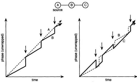 Figure  3-3:  Three  nodes  in  a chain  using  undamped  phase  correction  to synchronize, where  node  B  has  a  much  slower  clock  than  the  others