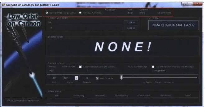 Figure  8.  In  this screenshot of NewEraCracker's  LOIC,  note the addition of &#34;FUCKING HIVE MIND&#34; and attendant options at the top of the interface.