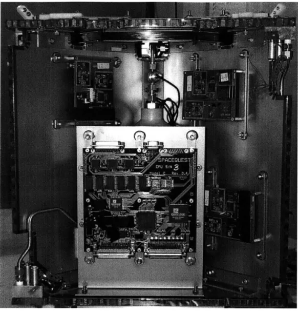 Figure  2-7:  Orion  internal  structure  showing  CDH  CPU  (middle  bottom), GPS  (top  left,  right  and  bottom  right),  HP  prop  (middle  back) and  LP  Prop  (lower  left  and  upper  right).