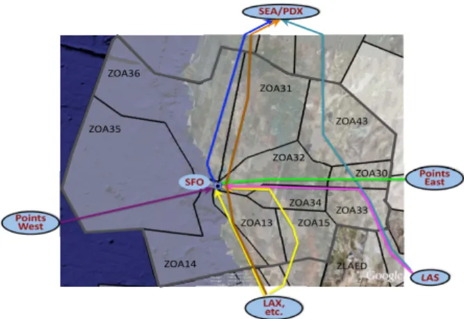 Fig. 6. Airspace region considered in the simulations, with routes. The routes are colored based on the origin-destination pairs.