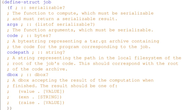 Figure 3-3: The Scheme denition of a job object. Each job object contains the function to apply, the function arguments, the source code, the code path, and a descriptor for the dbox receiving the value of the job.