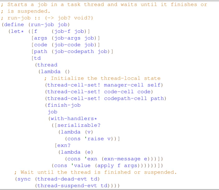 Figure 3-4: The Scheme code for starting a new job. The function extracts the job in- in-formation from the job object, starts a new task thread, and waits for the task thread to nish or be suspended