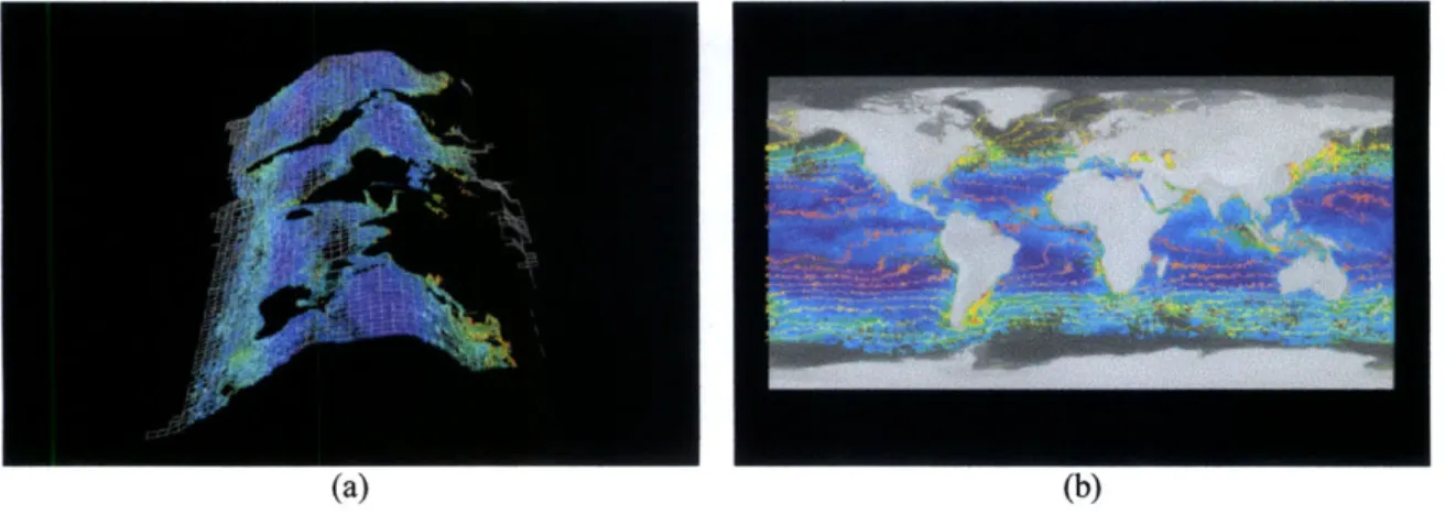 Figure  7.  (a)  SeaWiFS  ocean-color  data  draped  over  NOAA  AVHRR  MCSST surface-temperature  data  enhanced  with  a  wire-frame  mesh