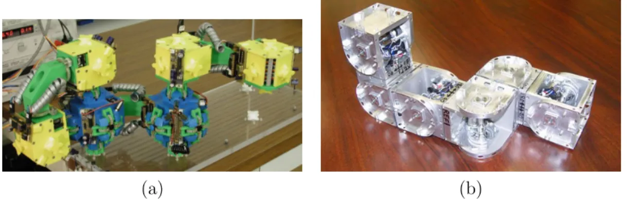 Figure 1-1: Some recent self-reconfiguring modular robots (SRMRs): (a) The Molecule (Kotay &amp; Rus 2005), (b) SuperBot (Shen et al