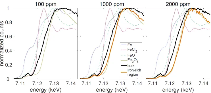 Fig. 3. XANES spectra for the 100 ppm (left), 1000 ppm (middle), and 2000 ppm (right) samples probing iron in the bulk as well as at  iron-rich regions, along with four iron-containing standards, which consisted of powders encapsulated in polyimide tape