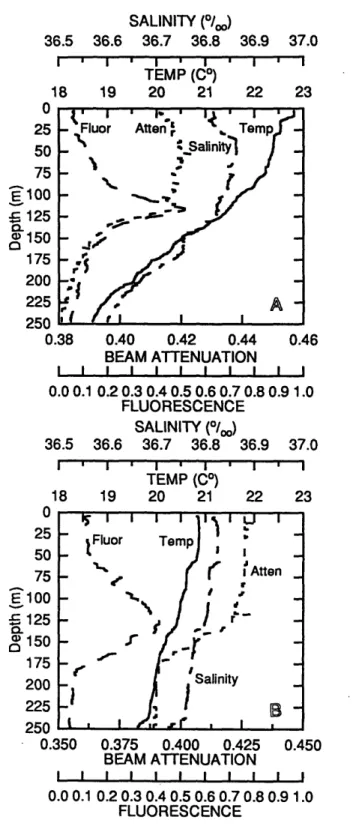 Figure 2.1.  Vertical profiles of temperature, salinity, beam attenuation and fluorescence determined at 25 0 59'N,  64 0 30'W (A) sampled on 1 April 1992 and  30 0 26'N,  64 0 30'W  (B)  sampled  on  3 April  1992.