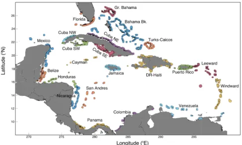 Figure 2-12: Map of coral reef habitat used in larval dispersal simulations. The Caribbean coral reefs, represented by 261 polygons, are colored by region,  follow-ing Cowen et al