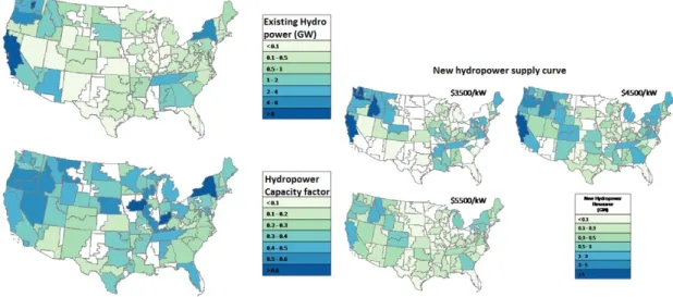 Figure 3. Existing (2010) hydropower capacity, average hydropower capacity factor for each Power Control Area, and new hydropower supply curve.
