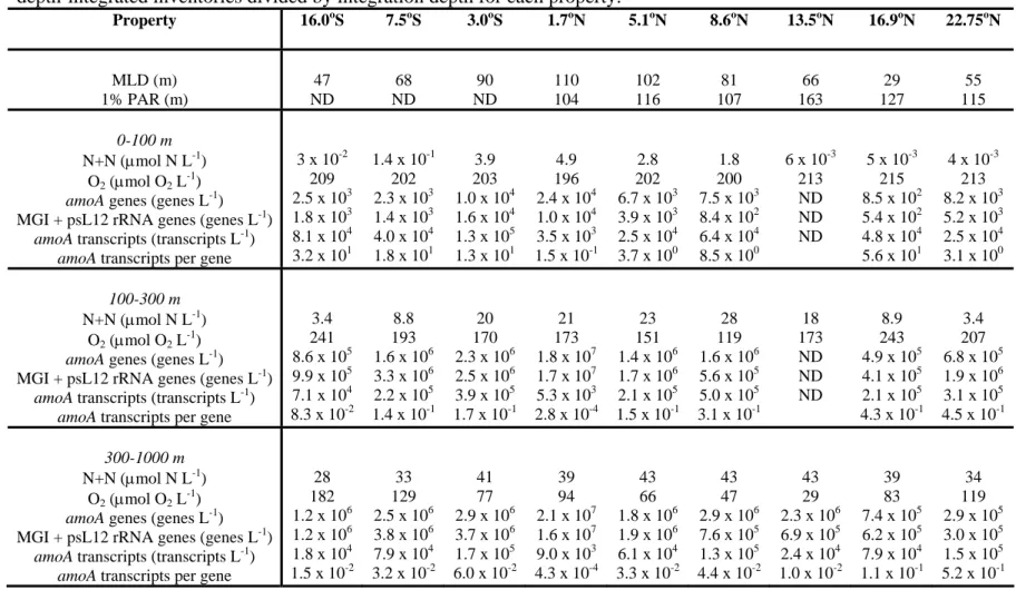 Table 1.  Variability in depth-averaged concentrations of nitrate + nitrite (N+N), dissolved O 2 , and crenarchaeal genes (amoA and 16S 447 