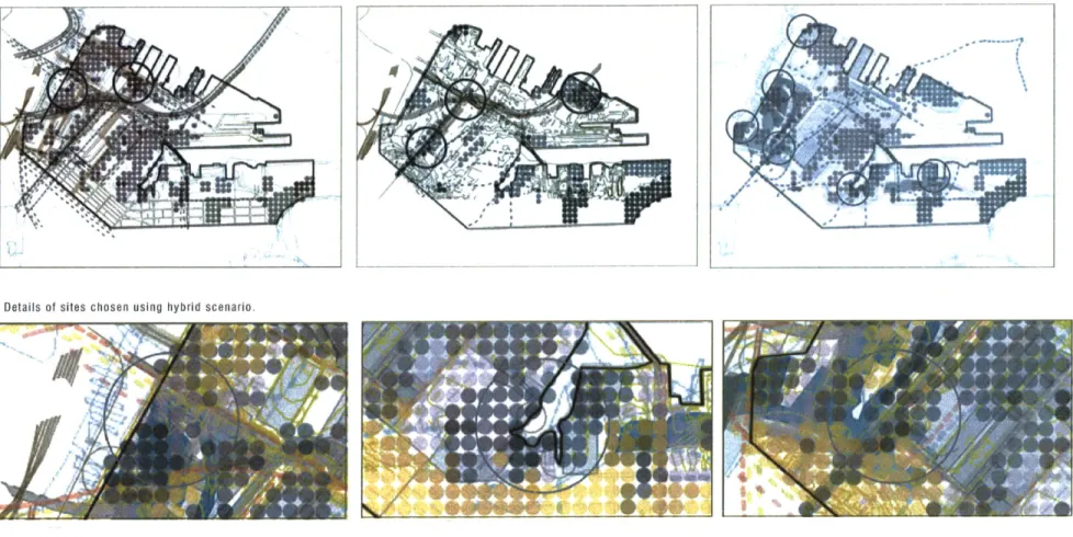 FIGURE  11.  Mappings  through  different  lenses,  planning  scenario,  ecology  scenario,  and  hybrid  scenario