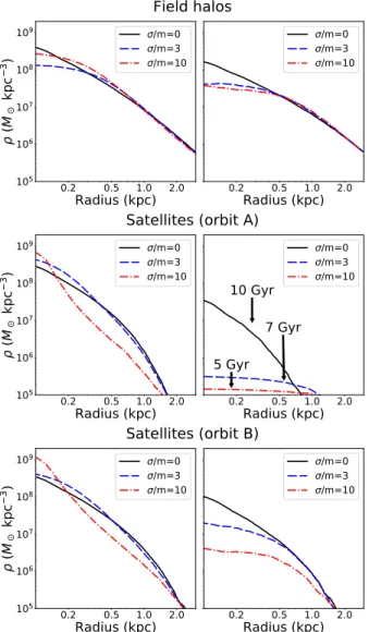 Figure 2. The evolution of the dark matter density at 150 pc for the high concentration (left) and low concentration (right) subhalos on different orbits, assuming σ/m = 10 cm 2 /g