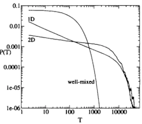 Figure  1:  Distribution  P(T) of pairwise  genealogical  distances in  a  two-dimensional population  and  a  one-dimensional  population  (L  =  150),  and  the  analytic  result P(T) =  _(  - )T  1  e-T/N  for a  well-mixed  population  (N  =  150)