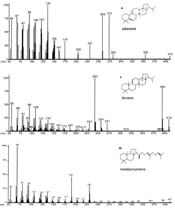 Figure 4.  Wz  spectra  of unusual  non-polar  polycyclic triterpenoids. These  spectra were  extracted  from the  GCMS  chromatogram  for R