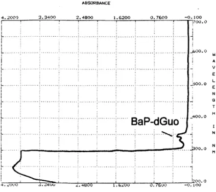 Figure 3.3  Spectral  scan of BaP-modified  calf-thymus  DNA ABSORBANCE 4.  000  3.3400  2.4800  1.6200  0.7600  -0.100 700.0 A E ..................................