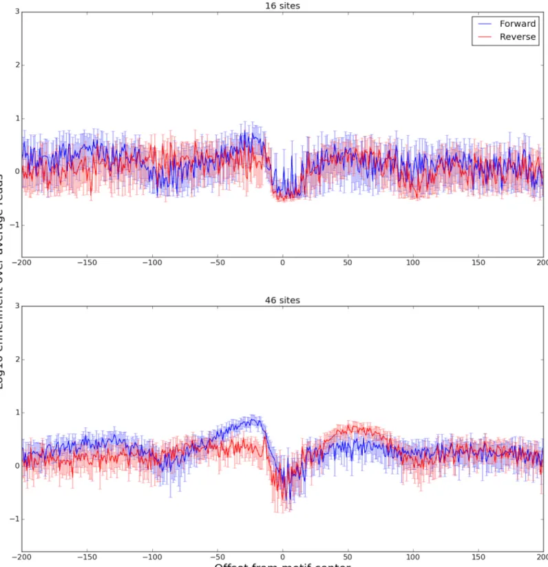 Fig 10. Aggregate plots of two DNase-capture CTCF clusters. The plots show enrichment over the DNase-capture baseline