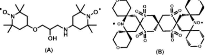 Figure 10. Chemical structures of the biradicals TOTAPOL (A) and SPIROPOL (B). NB: For simplicity SPIROPOL is depicted above with sulfonyl groups, these functional groups are in fact a mixture of sulfonyls, sulfoxides and thioethers as presented in Kiesewe
