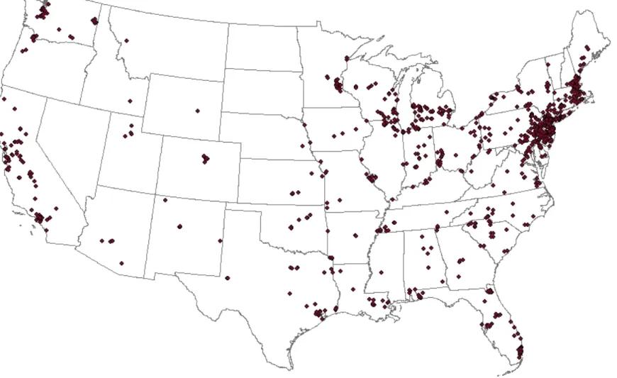 Figure 2: Geographic Distribution of NPL Hazardous Waste Sites in the All NPL Sample 