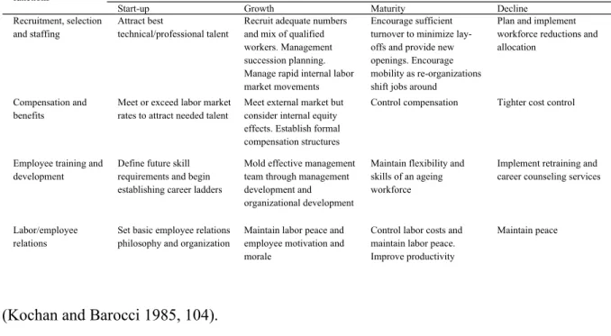 Table 2-1: Critical HR activities at different organizational or business unit stages