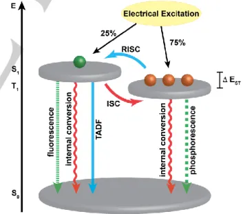 Figure  1.  Competing  photophysical  processes  from  the  excited  state.  isc  =  intersystem crossing, risc = reverse intersystem crossing