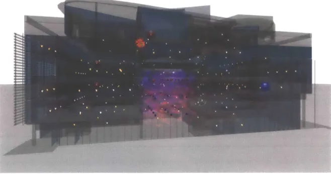 Figure  1-1:  Full  view  of  DoppelLab's  representation  of the  Media  Lab.  Small  orange flames  visualize  temperatures;  red  and  blue  spheres  visualize  temperature  anomalies;