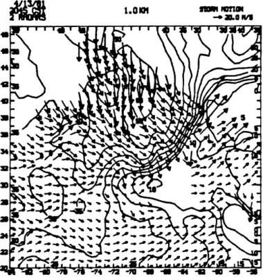 Figure  5-5  The  2-Doppler wind  and reflectivity fields  from a trial  run.  All  but  the lower  third of  the  diagram contains errors  known  to  be unacceptably  large.