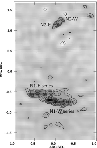 Fig. 3.— MERLIN image at 1.7 GHz of the same part of the north hotspot shown in Fig 2, but with the image compressed in the East-West direction by a factor of four