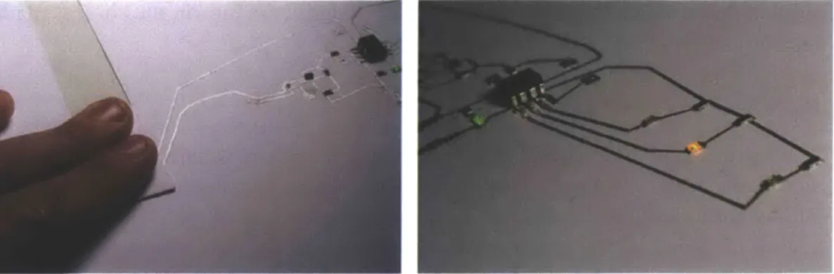 Figure 4.15:  Pressing two electrodes together.  Figure 4.16:  The LEDs are light in proportion to  the force exerted.