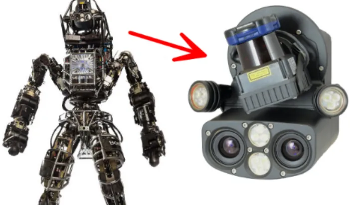 Fig. 1. The Atlas robot contains 28 hydraulically actuated joints, and its primary sensing is provided by the Carnegie Robotics Multisense SL sensor head which is equipped with a rotating LIDAR scanner and a stereo camera.