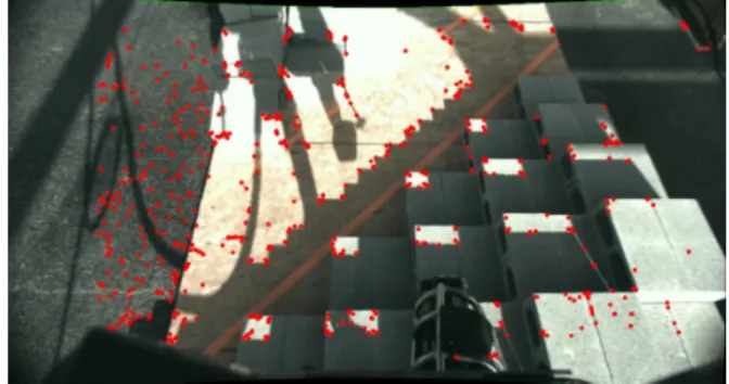 Fig. 8. In realistic field scenarios such as the DRC Trials, strong shadows and self observations result in false visual features (shown in red).
