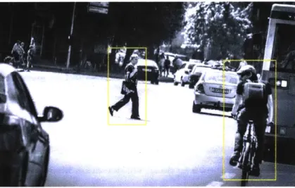 Figure  3-1:  A  simulated  pedestrian  detection  image,  showing  the  detected  figures outlines  by  yellow  boxes