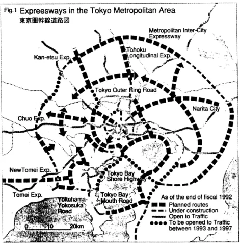 Figure  2.3  Expressways  in the  Tokyo  Metropolitan  Area Source: Ministry of Construction, (1993), ROADS IN JAPAN, Tokyo.