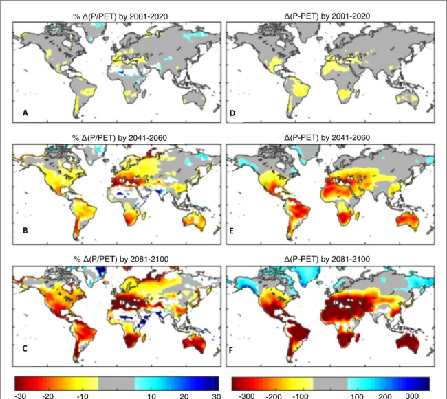 Figure 1. ( a ) Shows the CMIP5 RCP 8.5 multi-model mean ( MMM ) percentage change in P / PET in 2001 – 2020 relative to 1976 – 2000.