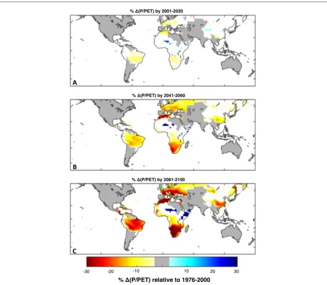 Figure 5. ( a ) Color scale is the MMM projected percentage change in P / PET in 2001 – 2020 relative to 1976 – 2000 for countries experiencing absolute water scarcity ( less than 500 m 3 / person / year ) 