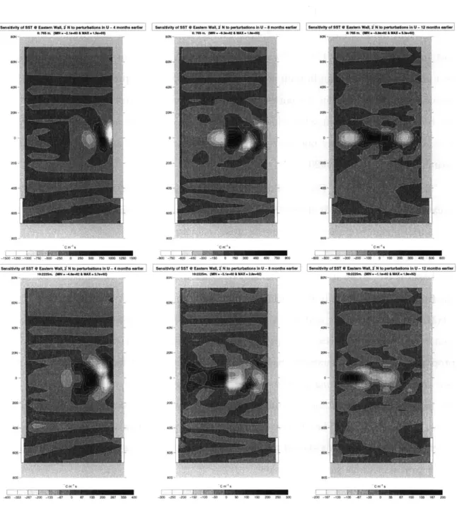 Figure  2-8:  Sensitivity  of the sea  surface  temperature  at 2* N  along  the  eastern  boundary  to a  perturbation  in  the  zonal  velocity  imposed  4  (left),  respectively  8  (middle)  and  12  (right) months  earlier:  1  in  *C m-- 1  s