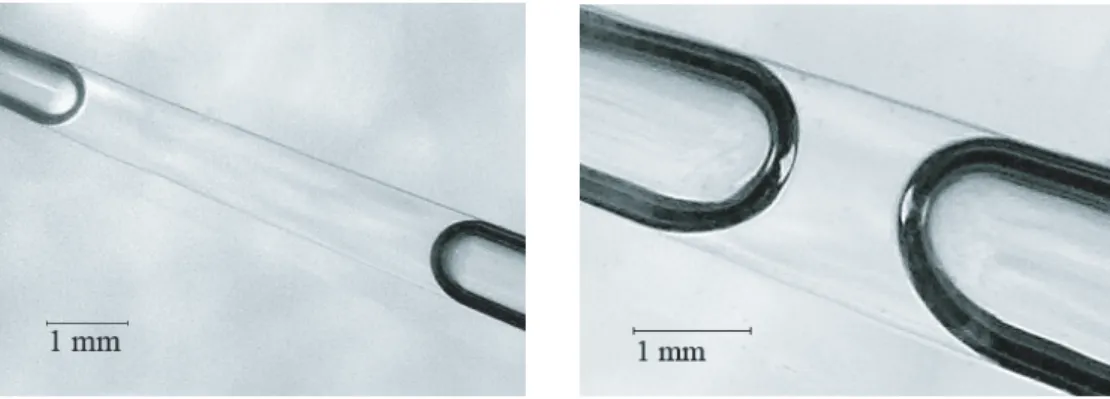 Fig. 2: Fluid slugs of wetting silicone oil, whose capillary length κ − 1 is 1.5 mm. For sufficiently thin tubes (radius smaller than κ − 1 ), the menisci assume a hemispherical form (a)