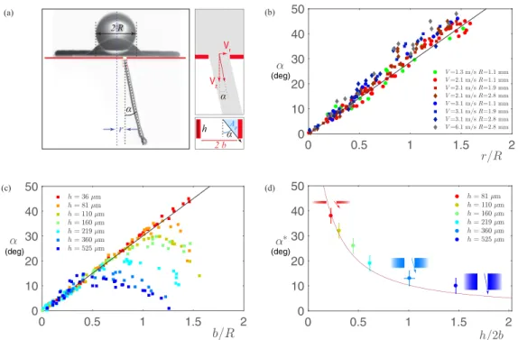 FIG. 2. (a) Chronophotography of a drop (R = 1.1 mm, V = 2.1 m/s) impacting a plate of thickness h = 36 ± 5 μm pierced with a hole of radius b = 180 ± 10 μm at an off-centered position r = 0.44R