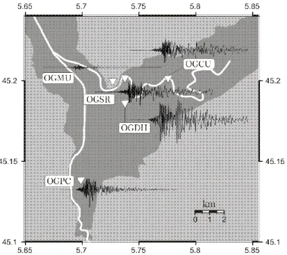 Fig. 1. View of the alpine valley (Grenoble basin) and velocity recordings  at the surface for the Laffrey 1999 earthquake [20]