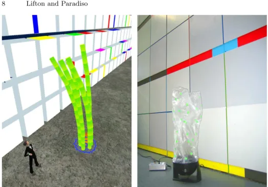 Fig. 3. A virtual data pond reflects real data near a virtual wall (left) and a real data pond reflects virtual data near a real wall (right).