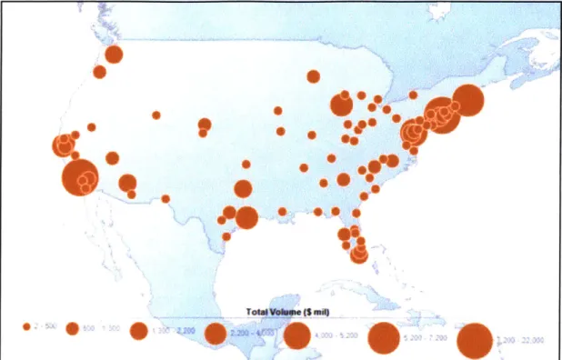 Figure 3-1. Map  of top U.S.  markets for foreign real estate  investment  (2012-2014) Source:  Real  Capital  Analytics.