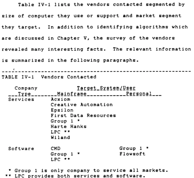 Table  IV-1  lists  the  vendors  contacted  segmented  by size  of  computer  they  use  or  support  and  market  segment they  target