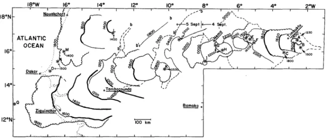 Figure 1-2: This image, Figure 1 from Fortune (1980), shows the track of a single continuous system composed of multiple squall lines over 48 hours in September 1974.
