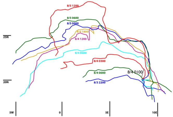 Figure 4-1: The track of the dusty gust front associated with a synoptic-scale event from 3-5 August 2006, propagating northward through West Africa