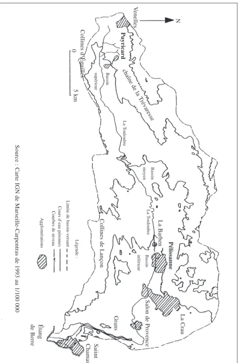 Figure 1. Le bassin versant de la Touloubre.LaCrauSalondeProvenceGransSaiintChamasÉtangdeBerreSource:CarteIGNdeMarseille-Carpentrasde1993au1/100000CollinesdeLançonLimitedebassin-versantLégende:Coursd’eaupérennesCourbesdeniveauAgglomérationsCollinesd’Éguill