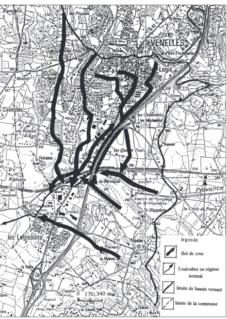 Figure 3. Carte synoptique des écoulements de crue  à l’échelle du bassin-versant de la Touloubre.